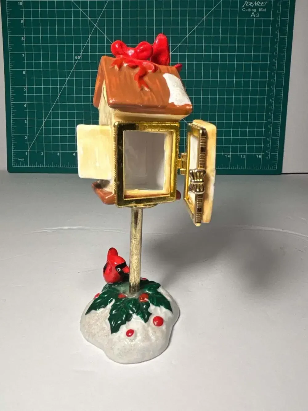 Vintage Ceramic Cardinal Birdhouse Trinket Box on Snowy Holly Post
